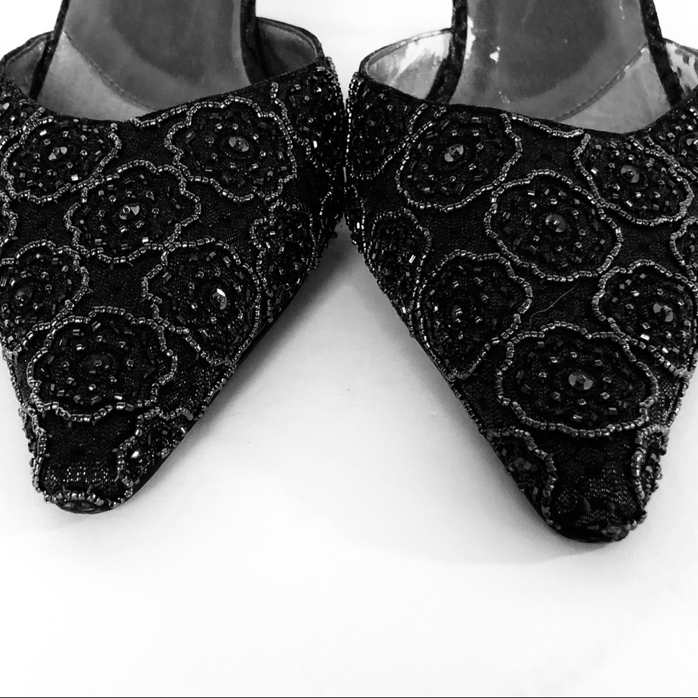 Valerie Stevens Black Beaded Slide Heel Shoes 7 - Picture 4 of 5